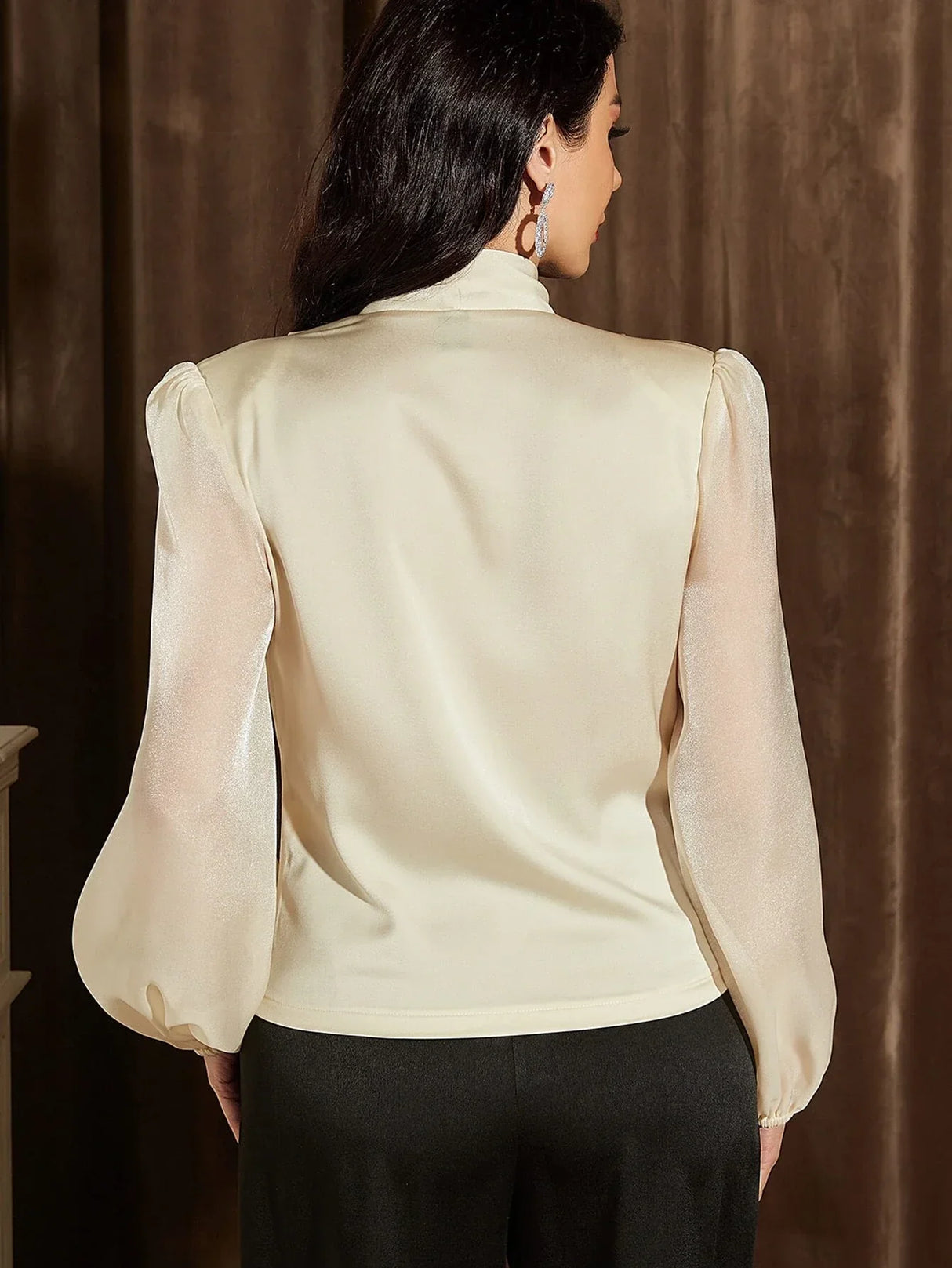 Buy Shein Fold Pleated Lantern Sleeve Satin Blouse in Pakistan