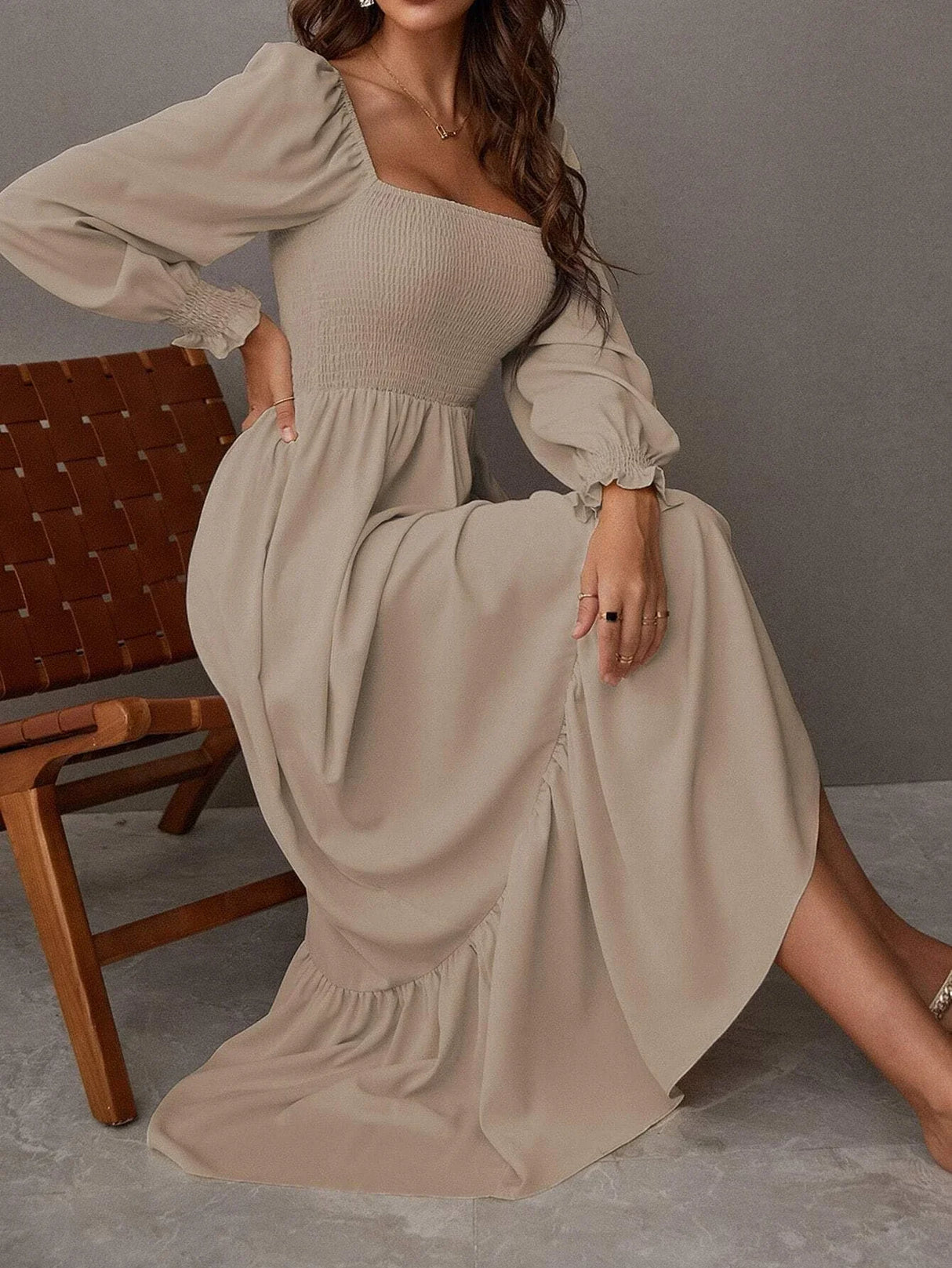 Buy Shein Square Neck Shirred Ruffle Hem Dress in Pakistan