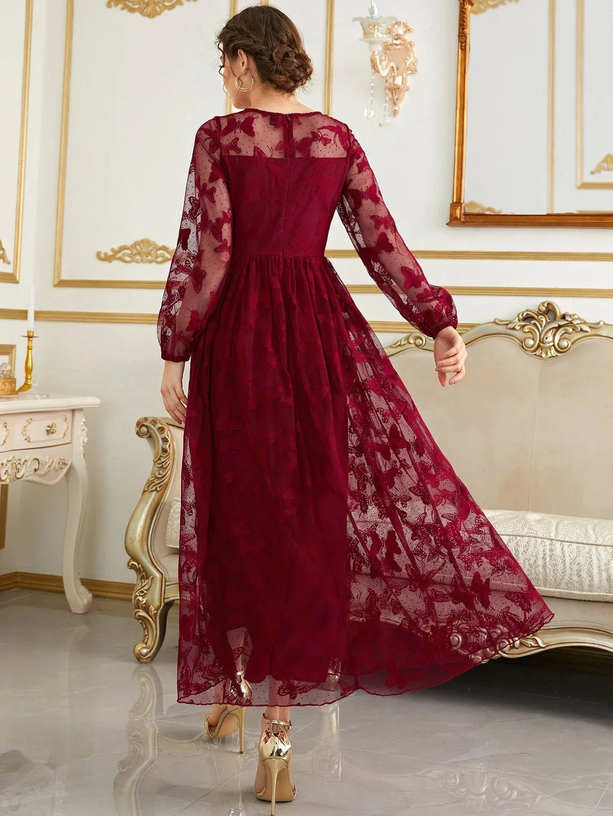 Buy SHEIN Modely Butterfly Embroidery Mesh Lantern Sleeve Dress in Pakistan