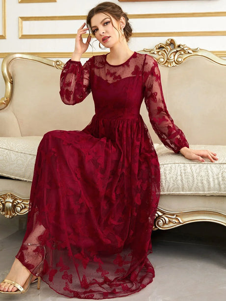 Buy SHEIN Modely Butterfly Embroidery Mesh Lantern Sleeve Dress in Pakistan
