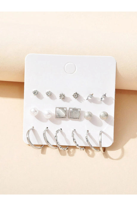 Buy Shein 9pairs Rhinestone & Faux Pearl Decor Earrings - Silver in Pakistan