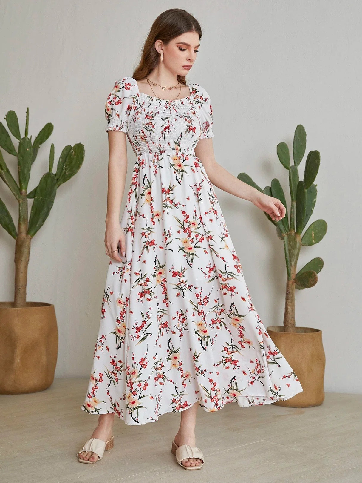 Buy Shein Floral Square Neck Shirred A-line Dress in Pakistan