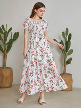 Buy Shein Floral Square Neck Shirred A-line Dress in Pakistan