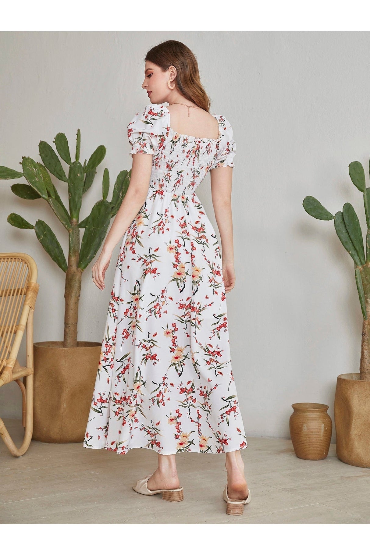 Buy Shein Floral Square Neck Shirred A-line Dress - Small in Pakistan