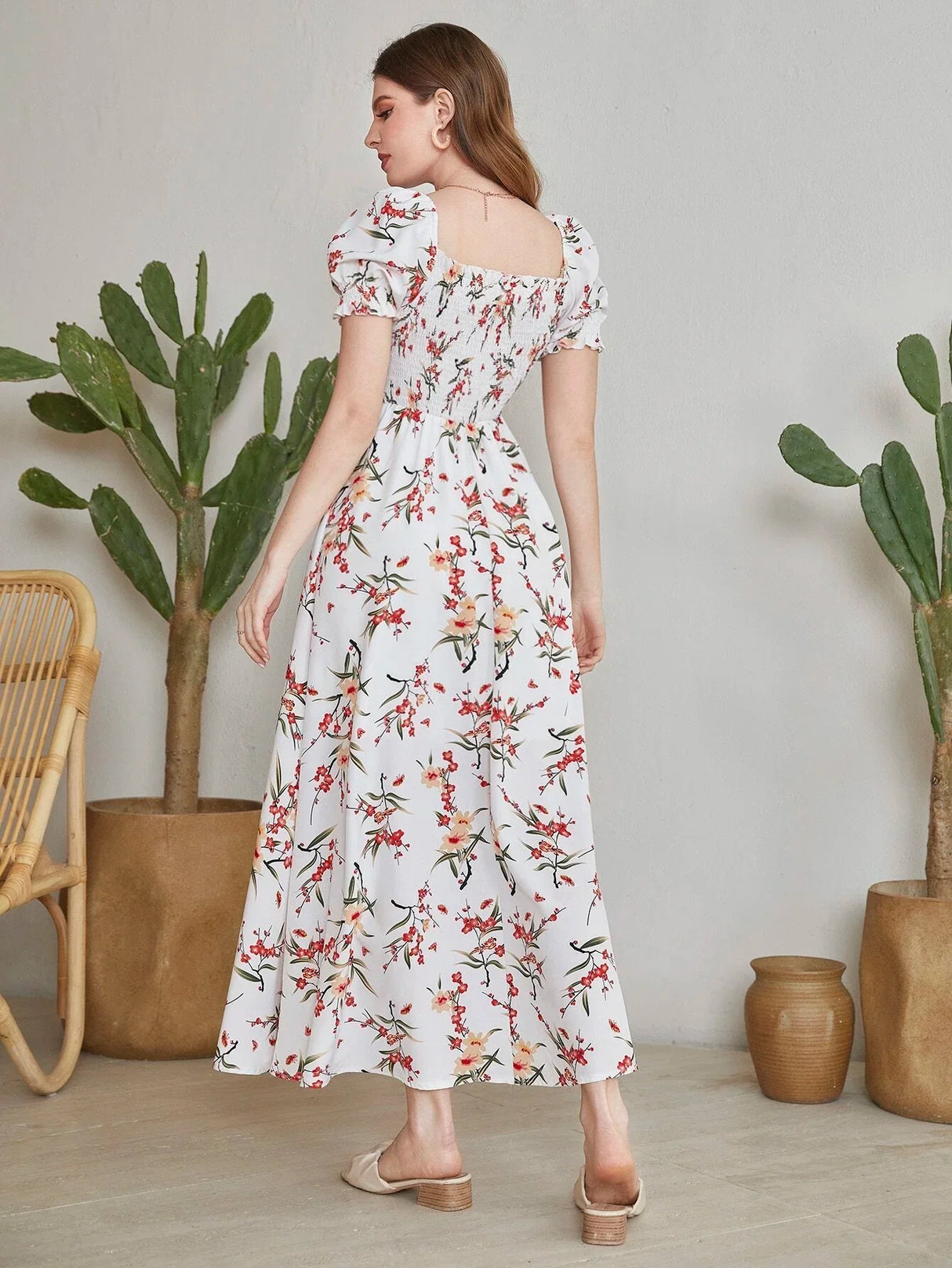 Buy Shein Floral Square Neck Shirred A-line Dress in Pakistan