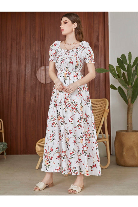 Buy Shein Floral Square Neck Shirred A-line Dress - Small in Pakistan