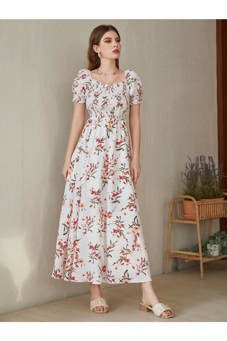 Buy Shein Floral Square Neck Shirred A-line Dress - Small in Pakistan