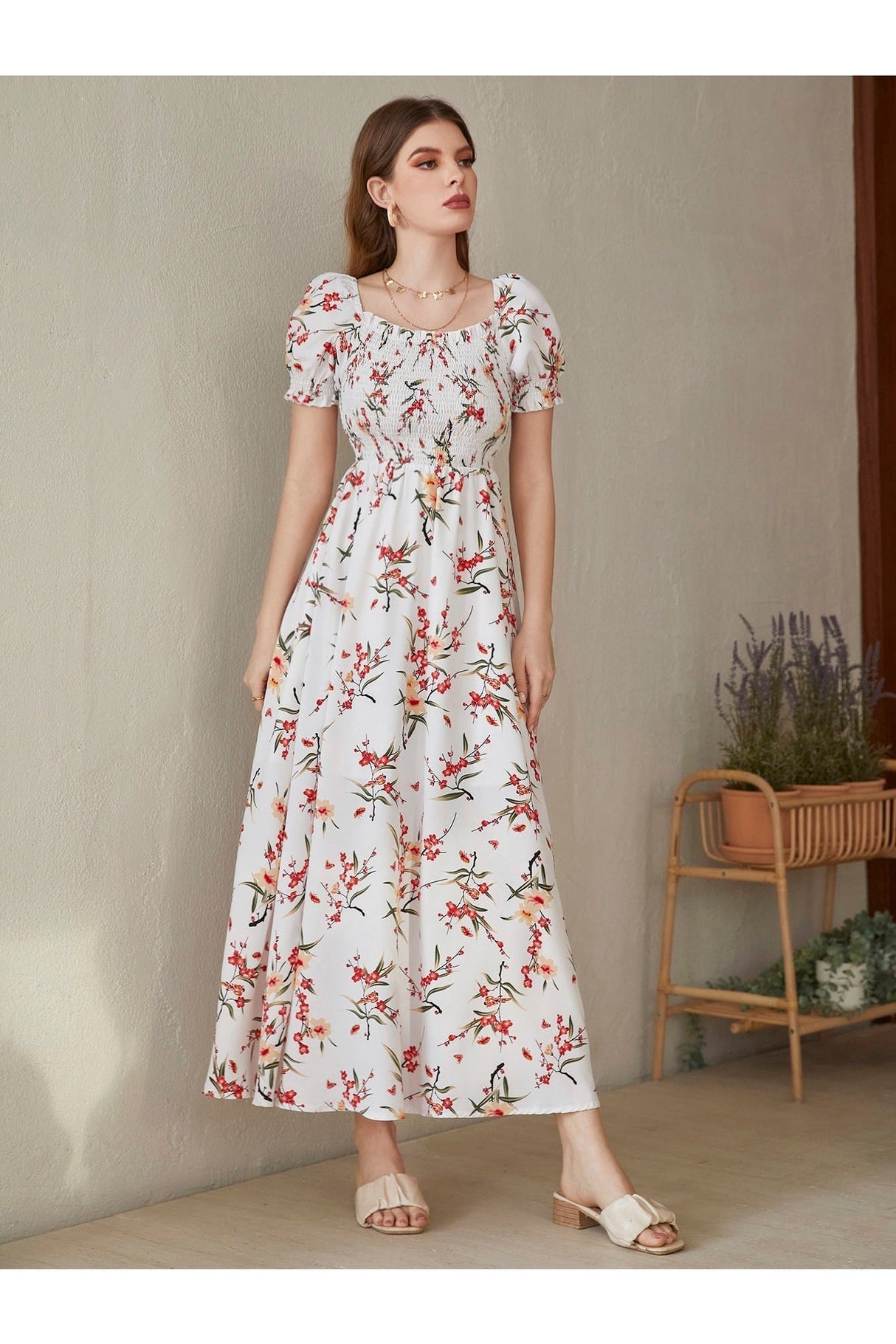Buy Shein Floral Square Neck Shirred A-line Dress - Large in Pakistan