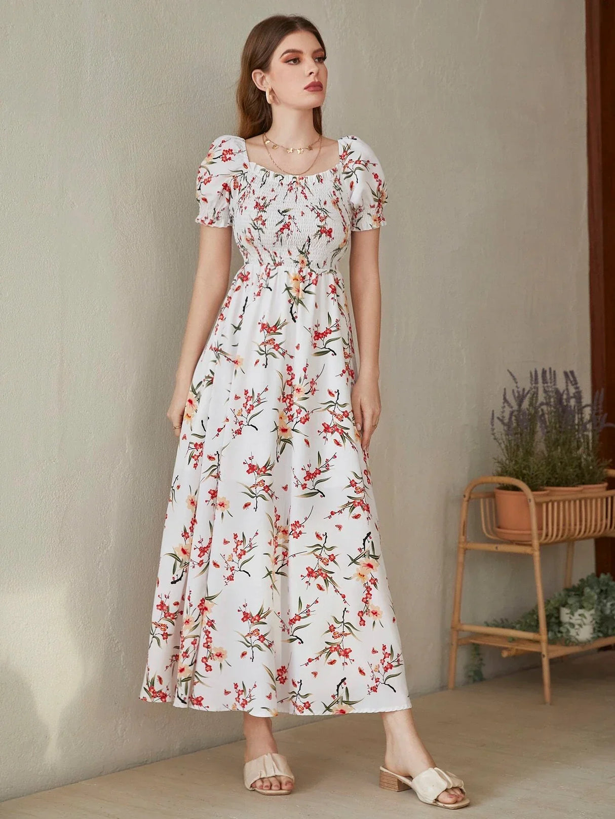 Buy Shein Floral Square Neck Shirred A-line Dress in Pakistan