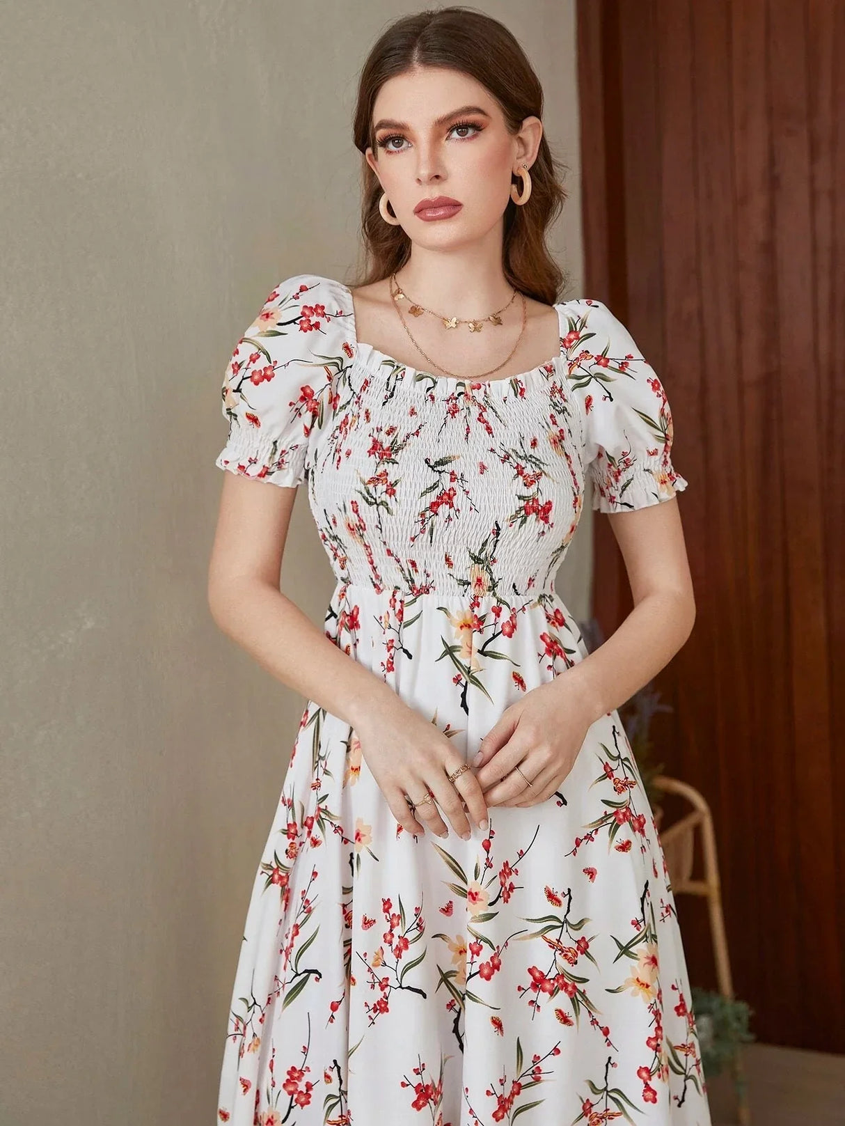 Buy Shein Floral Square Neck Shirred A-line Dress in Pakistan