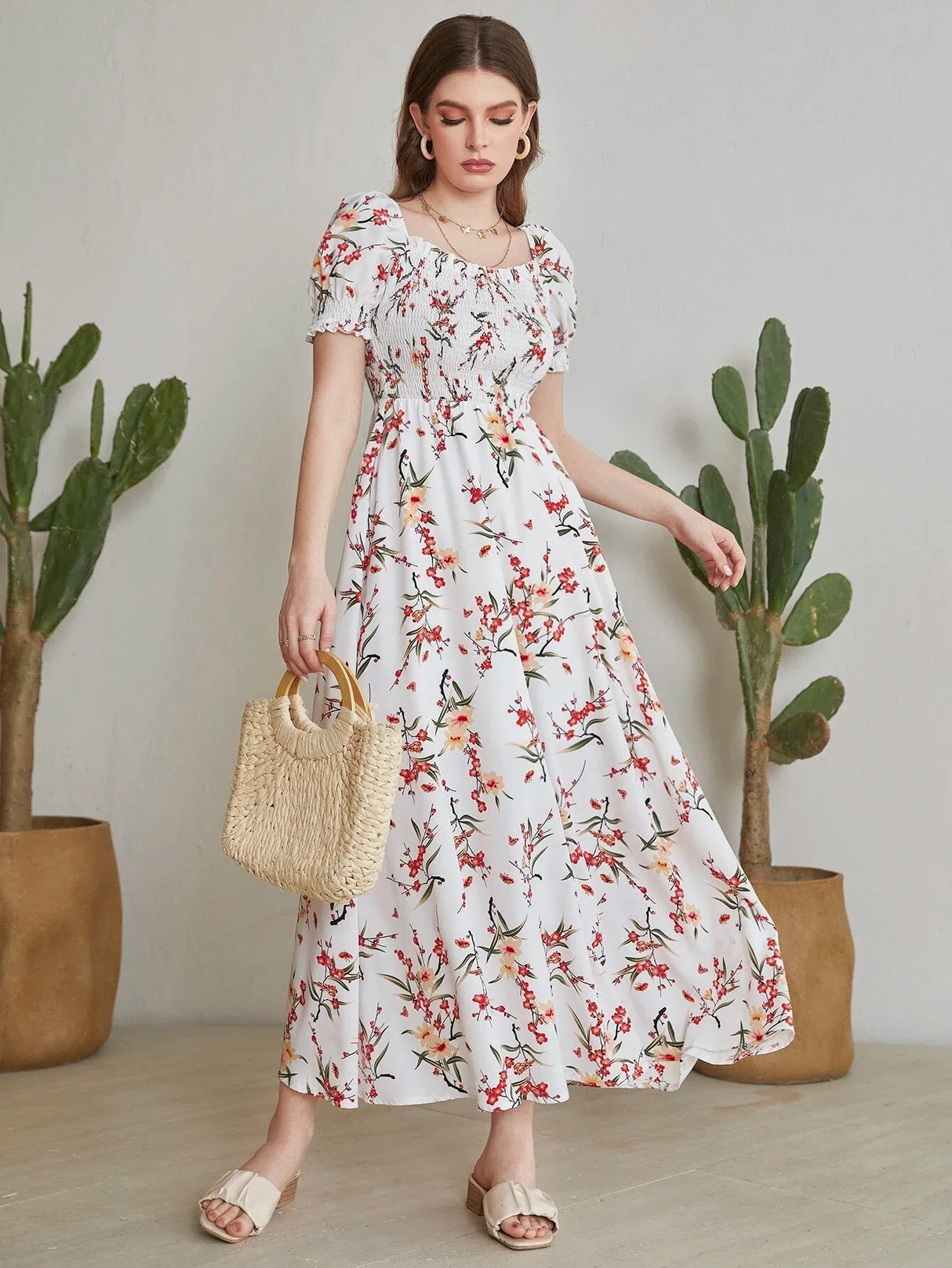 Buy Shein Floral Square Neck Shirred A-line Dress in Pakistan