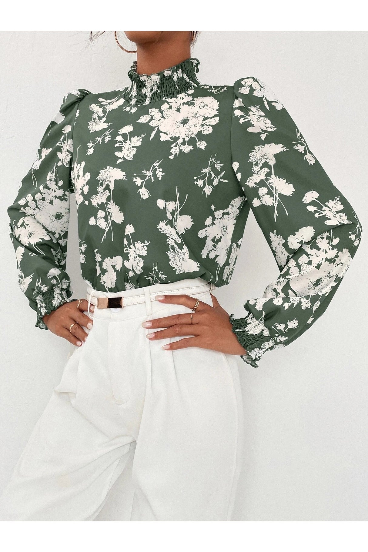 Buy SHEIN Floral Print Stand Collar Bishop Sleeve Blouse in Pakistan