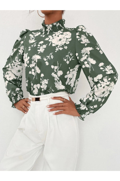 Buy SHEIN Floral Print Stand Collar Bishop Sleeve Blouse in Pakistan