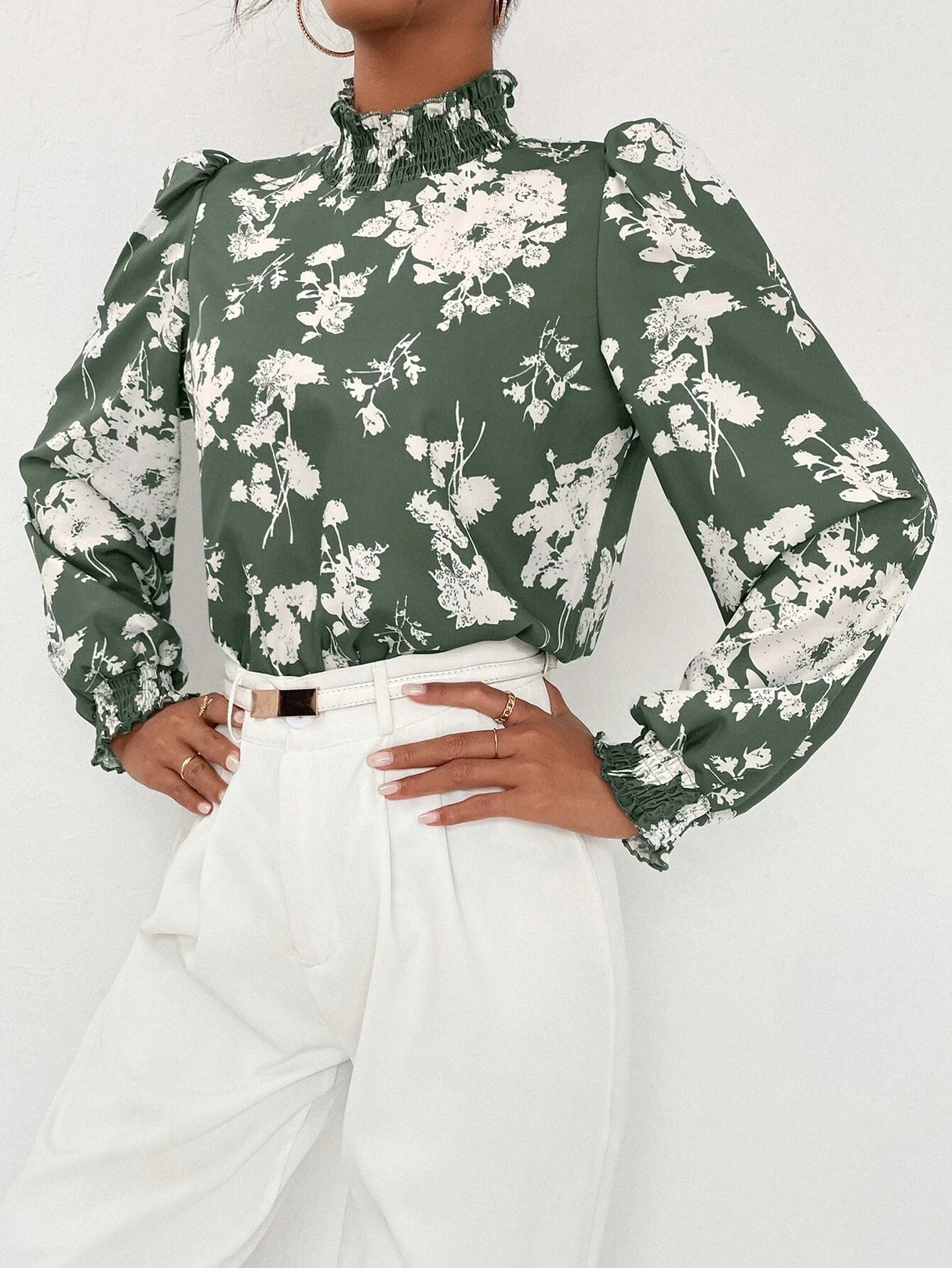 Buy SHEIN Floral Print Stand Collar Bishop Sleeve Blouse in Pakistan