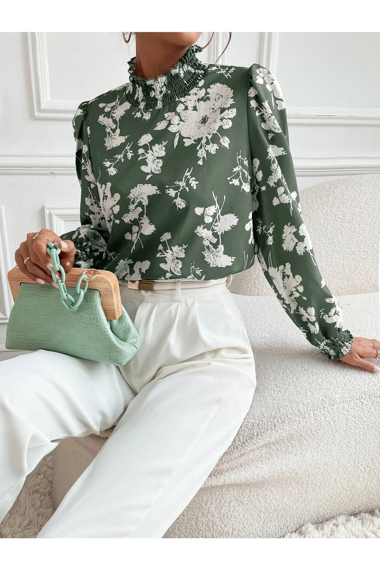 Buy SHEIN Floral Print Stand Collar Bishop Sleeve Blouse in Pakistan