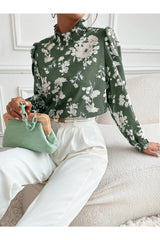 Buy SHEIN Floral Print Stand Collar Bishop Sleeve Blouse in Pakistan