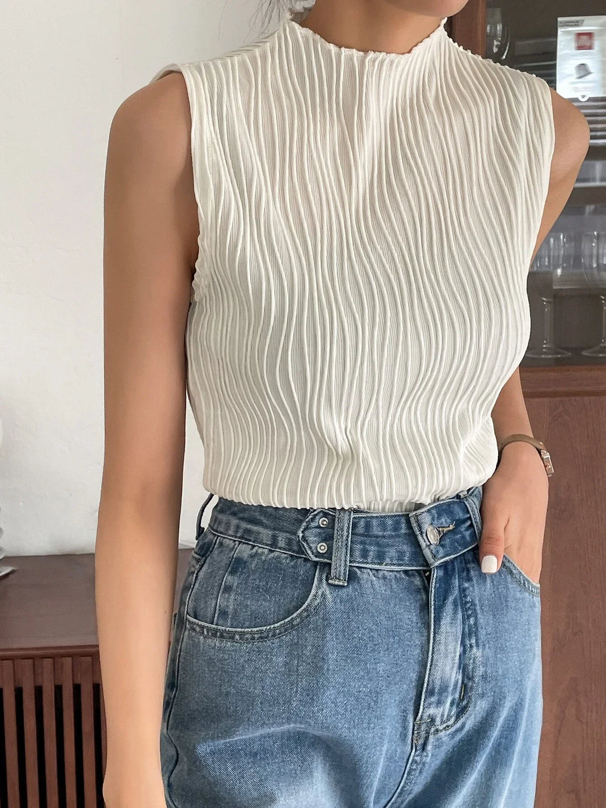 Buy SHEIN DAZY Stand Neck Solid Tank Top in Pakistan
