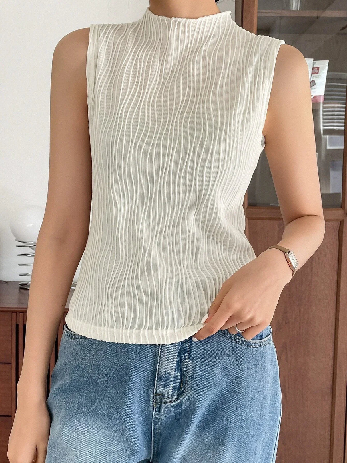Buy SHEIN DAZY Stand Neck Solid Tank Top in Pakistan