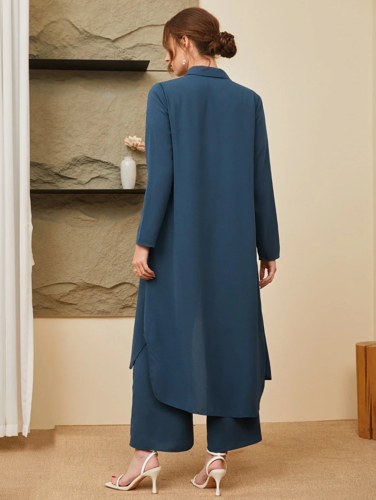 Buy SHEIN Mulvari Button Front Coat & Wide Leg Pants in Pakistan
