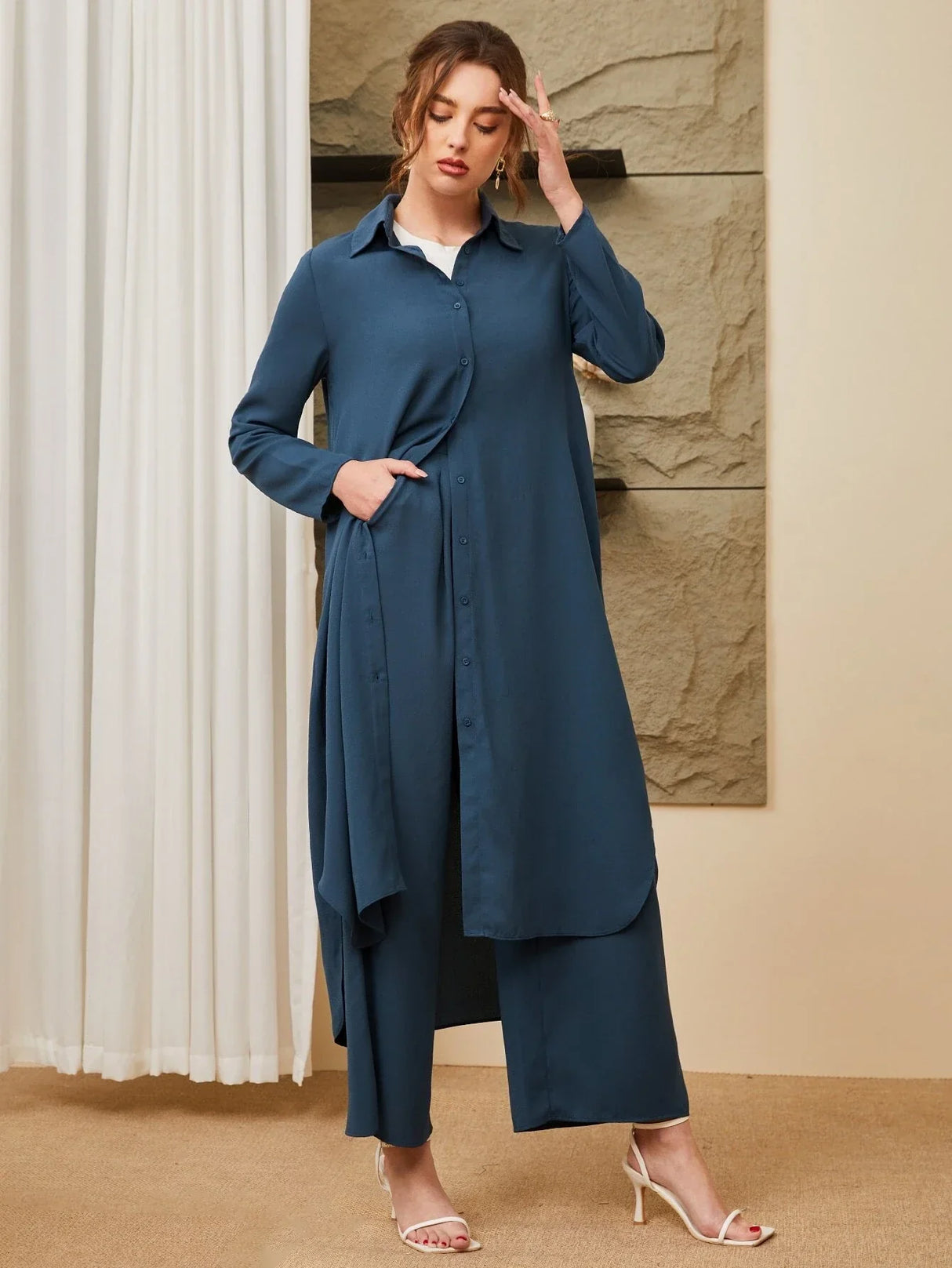 Buy SHEIN Mulvari Button Front Coat & Wide Leg Pants in Pakistan