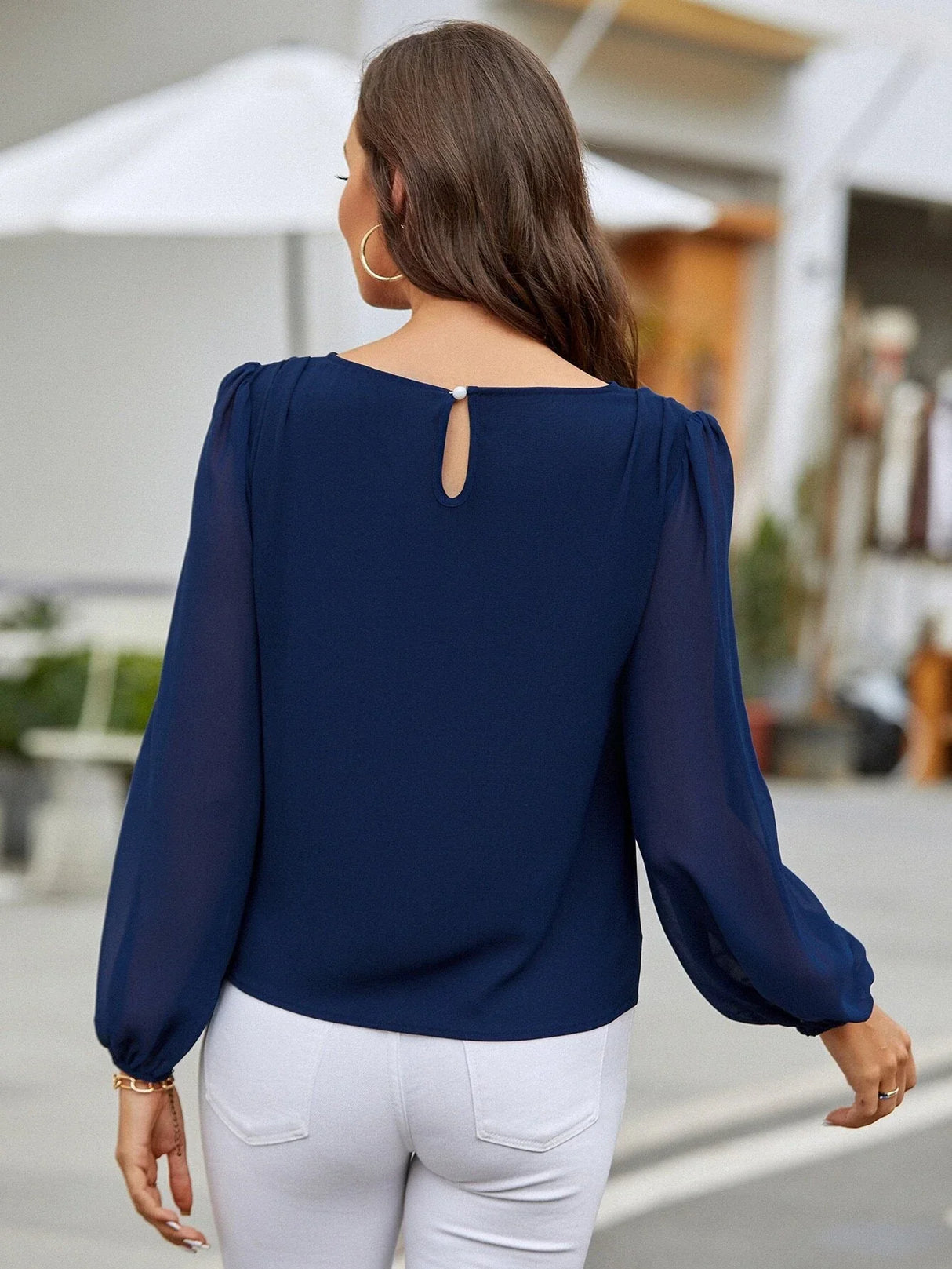 Buy Shein Lantern Sleeve Keyhole Back Blouse in Pakistan