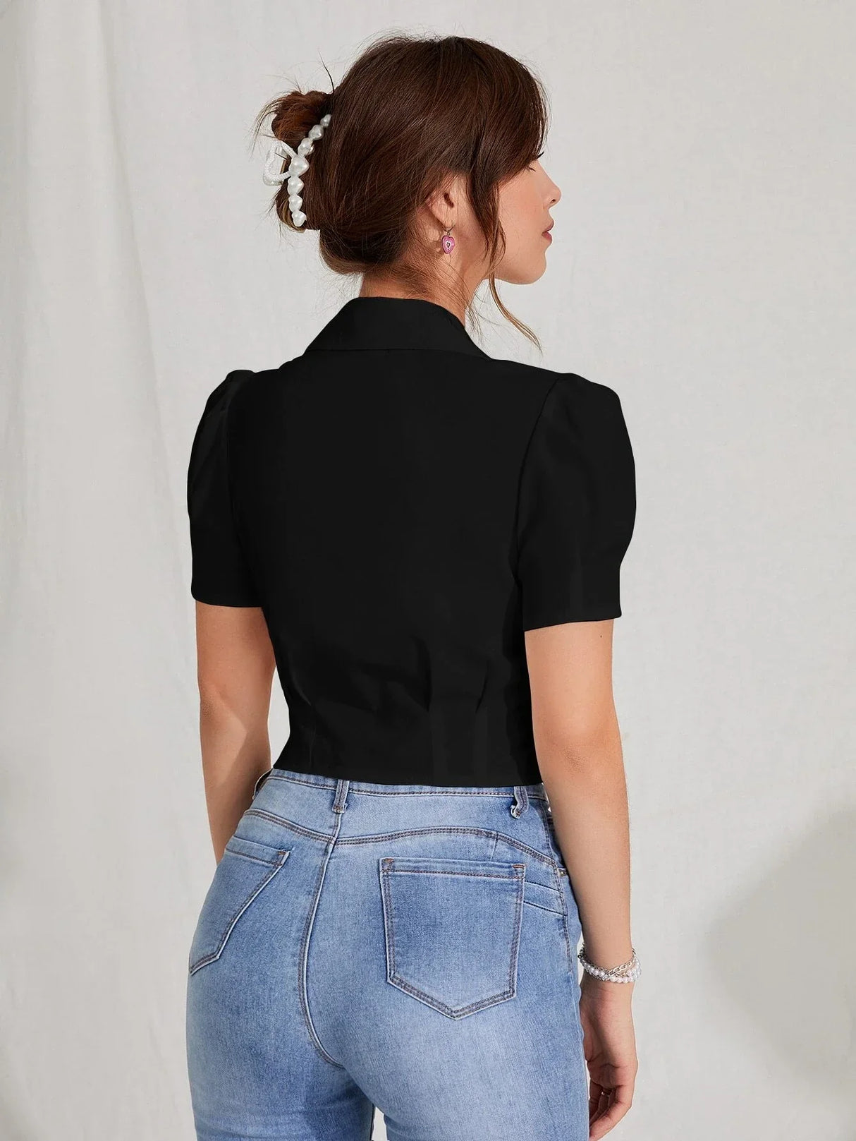 Buy SHEIN MOD Lapel Collar Puff Sleeve Button Up Blouse in Pakistan