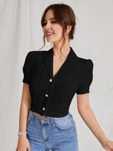 Buy SHEIN MOD Lapel Collar Puff Sleeve Button Up Blouse in Pakistan