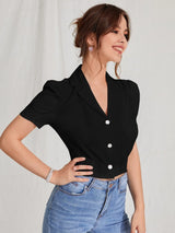Buy SHEIN MOD Lapel Collar Puff Sleeve Button Up Blouse in Pakistan
