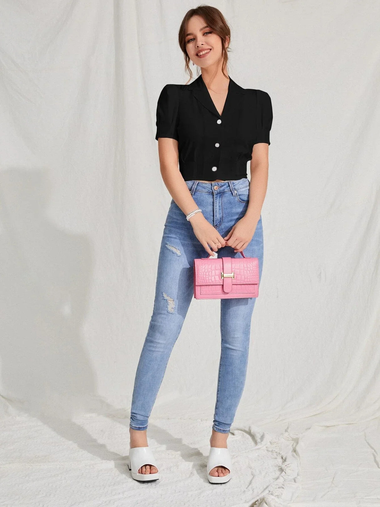 Buy SHEIN MOD Lapel Collar Puff Sleeve Button Up Blouse in Pakistan