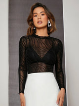 Buy SHEIN BAE Lettuce Trim Glitter Sheer Mesh Top Without Bra in Pakistan