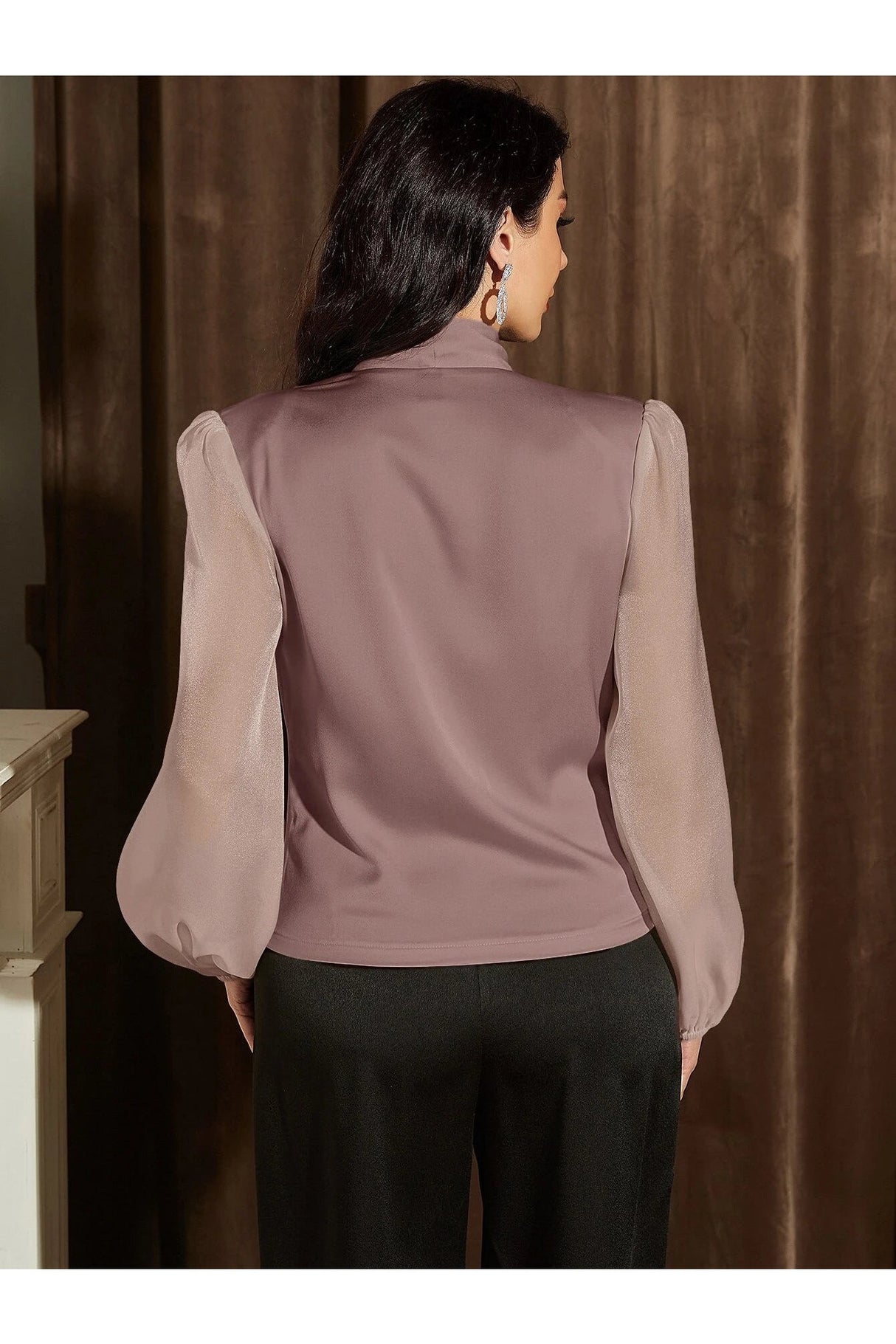 Buy Shein Fold Pleated Lantern Sleeve Satin Blouse in Pakistan