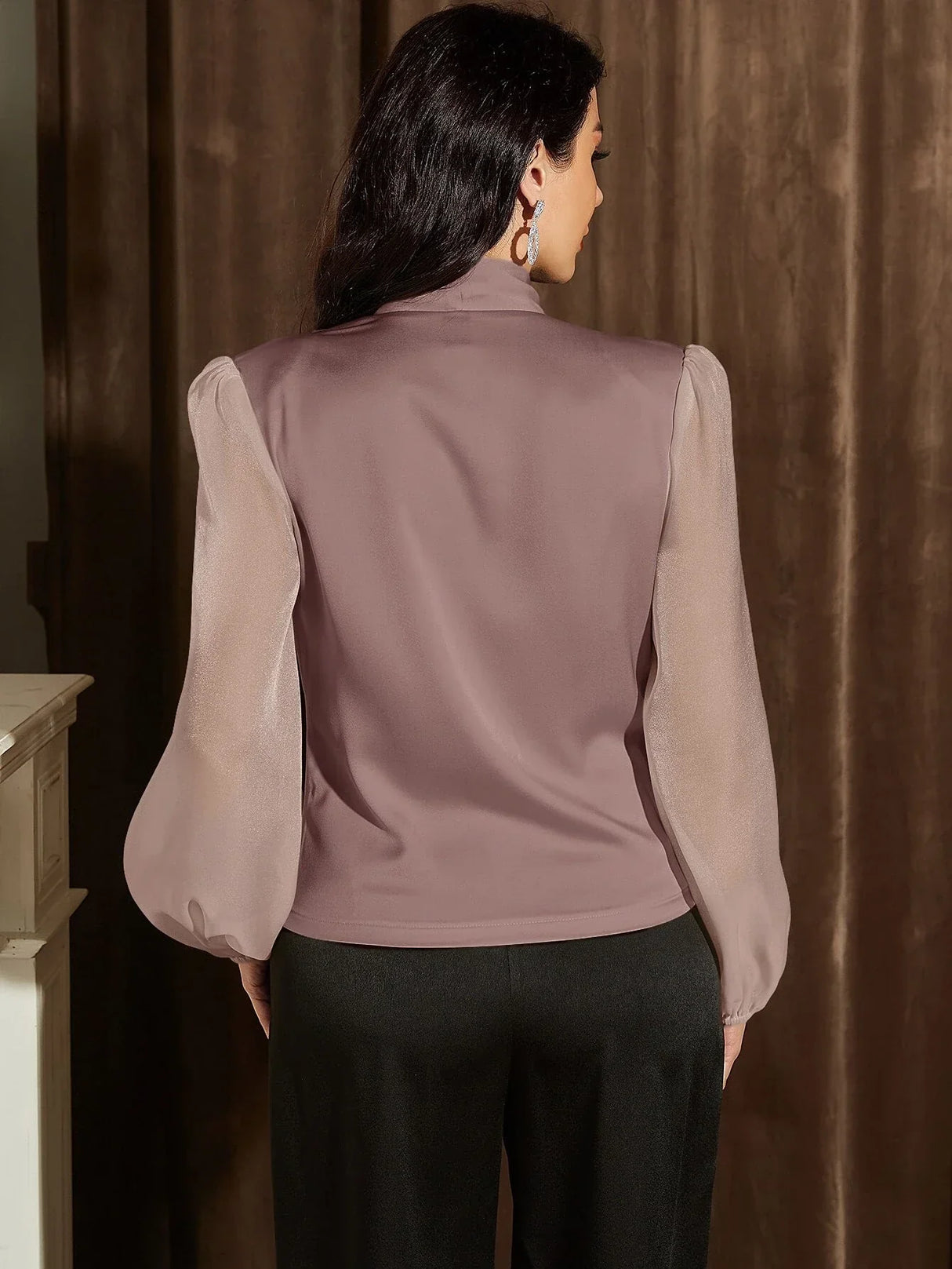 Buy Shein Fold Pleated Lantern Sleeve Satin Blouse in Pakistan