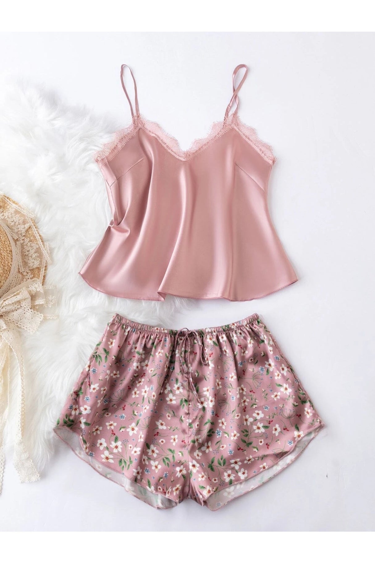 Buy Shein Floral Print Lace Detail Tie Front Satin PJ Set - Medium Dusty Pink in Pakistan