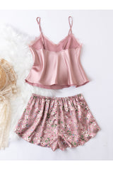 Buy Shein Floral Print Lace Detail Tie Front Satin PJ Set - Medium Dusty Pink in Pakistan