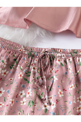 Buy Shein Floral Print Lace Detail Tie Front Satin PJ Set - Medium Dusty Pink in Pakistan