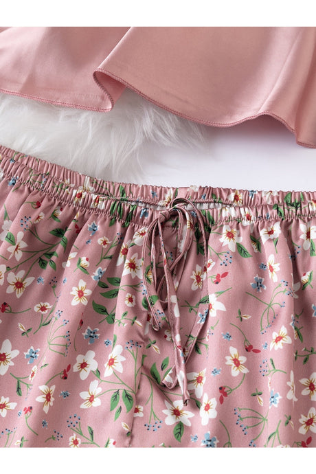 Buy Shein Floral Print Lace Detail Tie Front Satin PJ Set - Large Dusty Pink in Pakistan