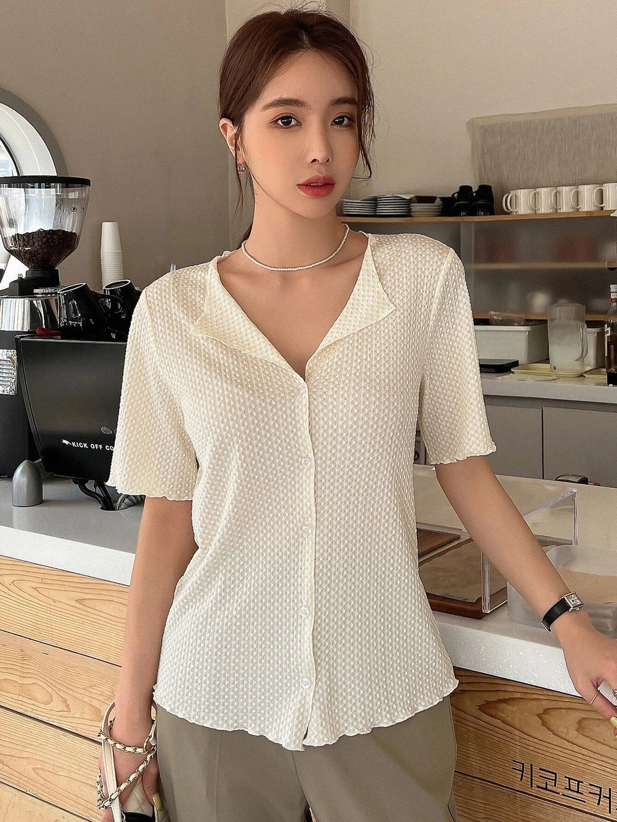 Buy SHEIN DAZY Lettuce Trim Button Front Tee in Pakistan