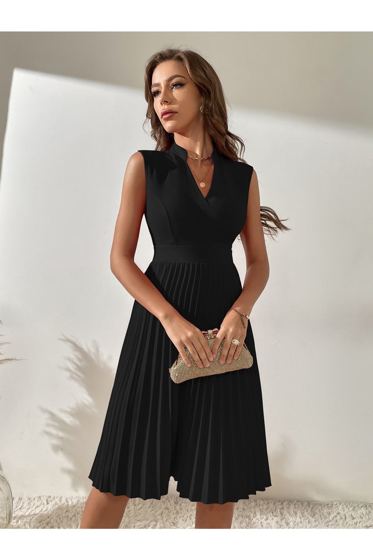 Buy SHEIN Solid Pleated Notched A-line Dress - Medium Black in Pakistan