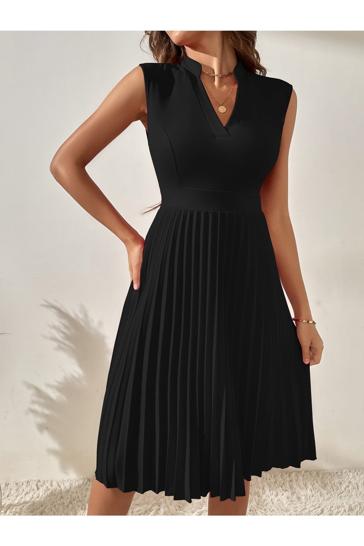Buy SHEIN Solid Pleated Notched A-line Dress - Small Black in Pakistan