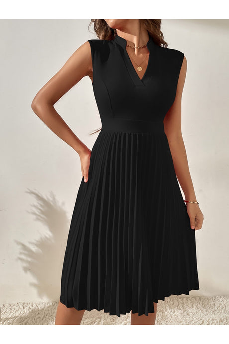 Buy SHEIN Solid Pleated Notched A-line Dress - Small Black in Pakistan