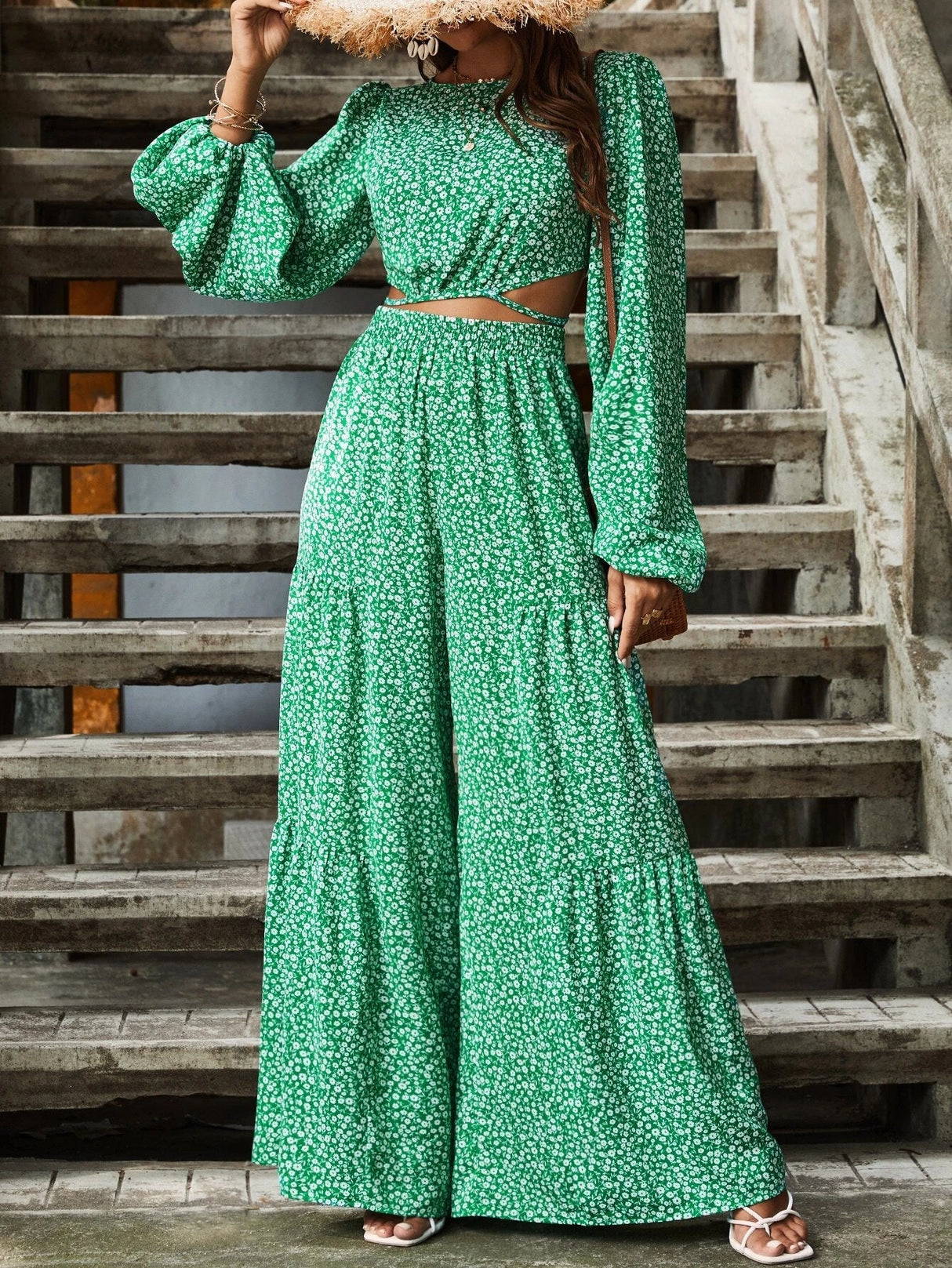 Buy SHEIN Ditsy Floral Lantern Sleeve Cut Out Tie Back Crop Blouse in Pakistan