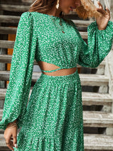 Buy SHEIN Ditsy Floral Lantern Sleeve Cut Out Tie Back Crop Blouse in Pakistan