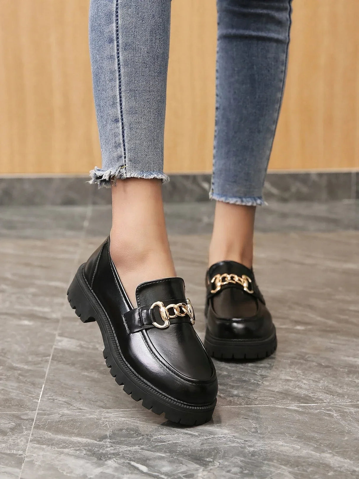 Buy Shein Round Toe Flats Women Minimalist Chain Decor Loafers in Pakistan