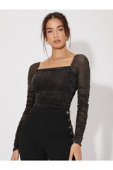 Buy SHEIN Mesh Panel Ruched Glitter Top - Medium Black in Pakistan