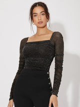 Buy SHEIN Mesh Panel Ruched Glitter Top in Pakistan