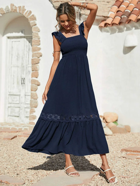 Buy SHEIN VCAY Shirred Guipure Lace Insert Ruffle Hem Dress in Pakistan