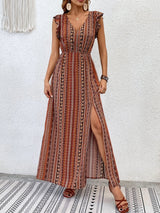 Buy SHEIN Geo & Floral Print Ruffle Trim Split Thigh Dress Without Belt in Pakistan