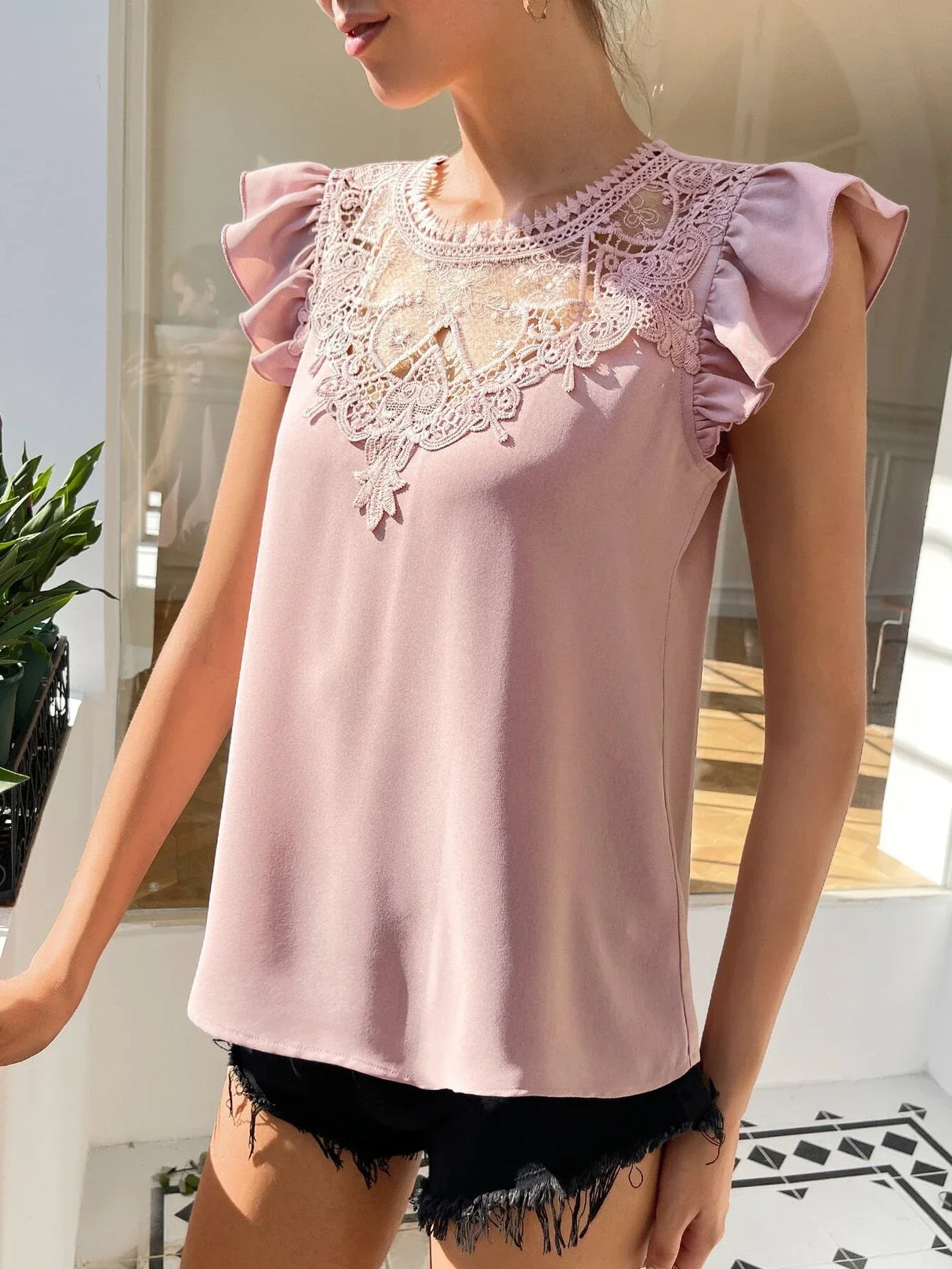 Buy SHEIN EMERY ROSE Contrast Guipure Lace Ruffle Sleeve Blouse in Pakistan