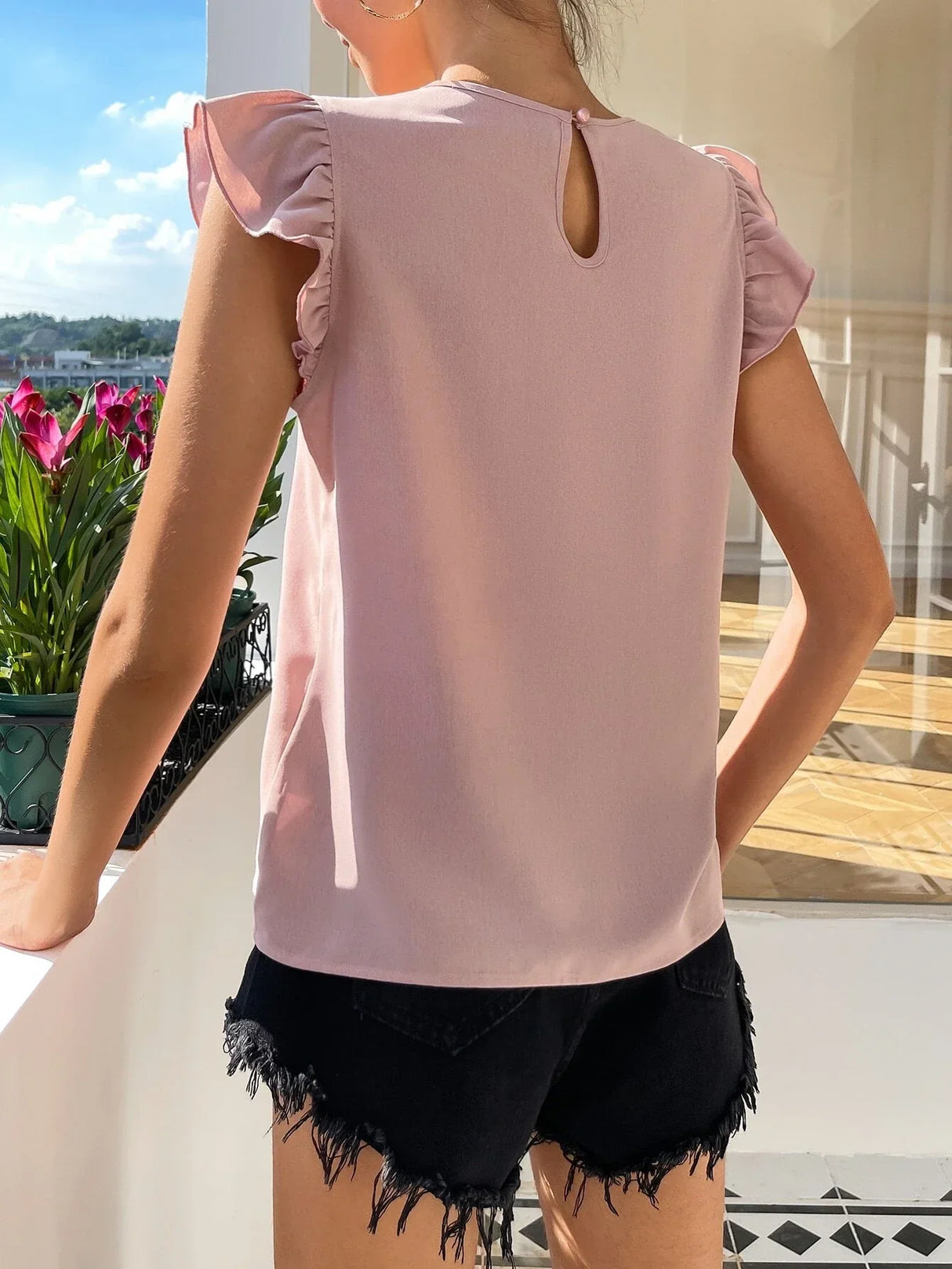 Buy SHEIN EMERY ROSE Contrast Guipure Lace Ruffle Sleeve Blouse in Pakistan