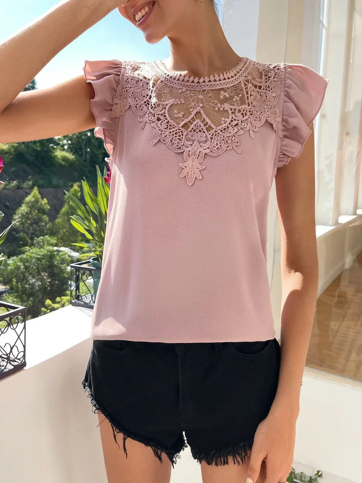 Buy SHEIN EMERY ROSE Contrast Guipure Lace Ruffle Sleeve Blouse in Pakistan